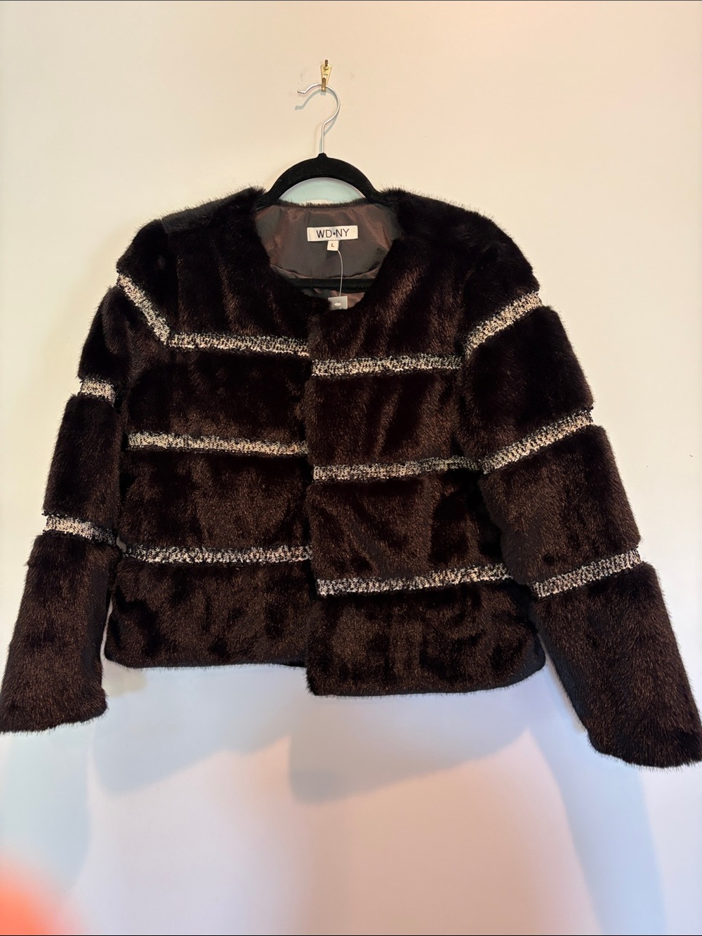 WD.NY Black Faux Fur Teddy Jacket with Silver Trim Stripes